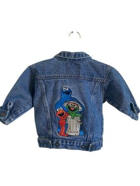 Vintage Sesame Street Kids Blue Denim Jacket with Elmo, Oscar & Cookie Monster.